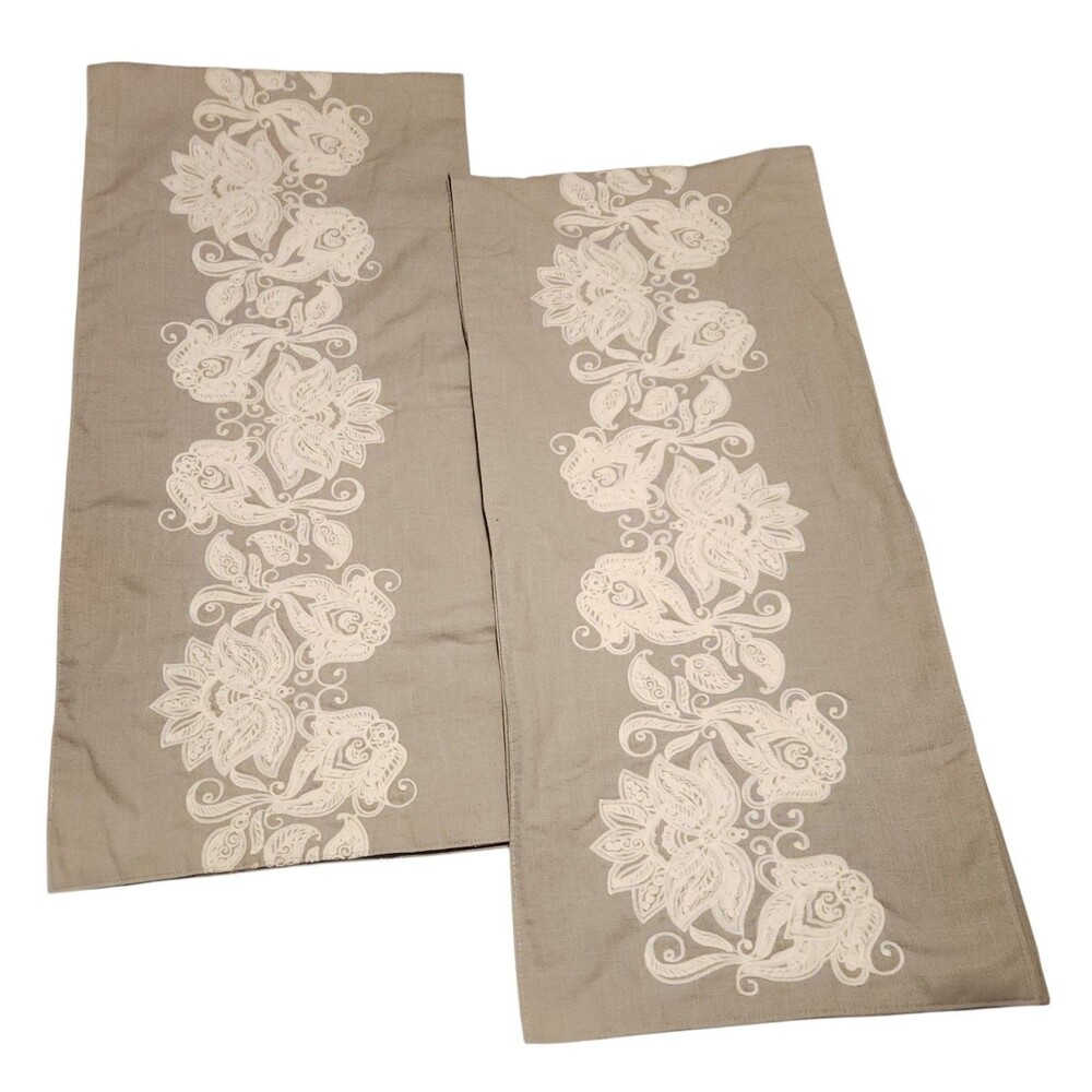 Lot of 2 Nicole Miller Table Runners Gray Linen Blend White Embroidery 16X72